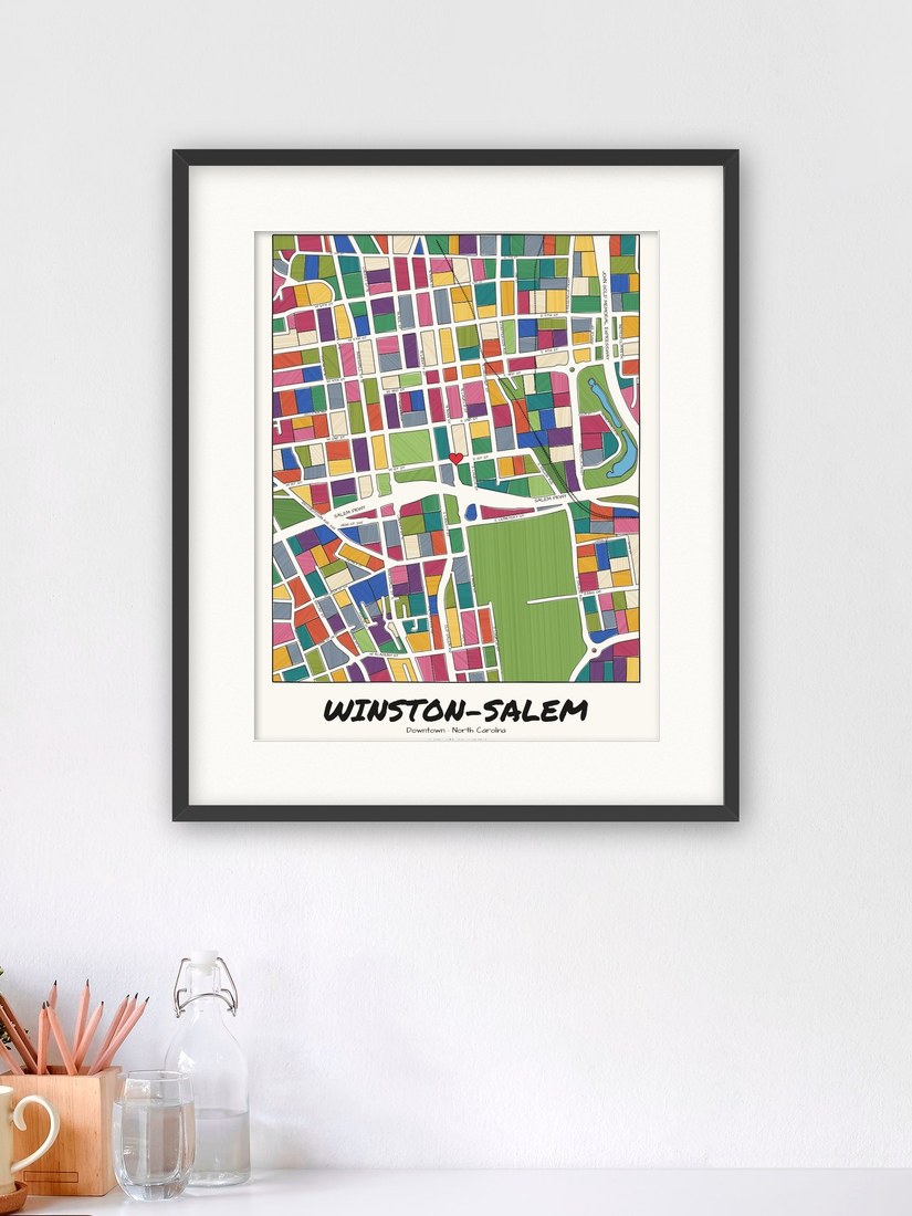 Example Winston-Salem illustrated map in a black frame with a white mat