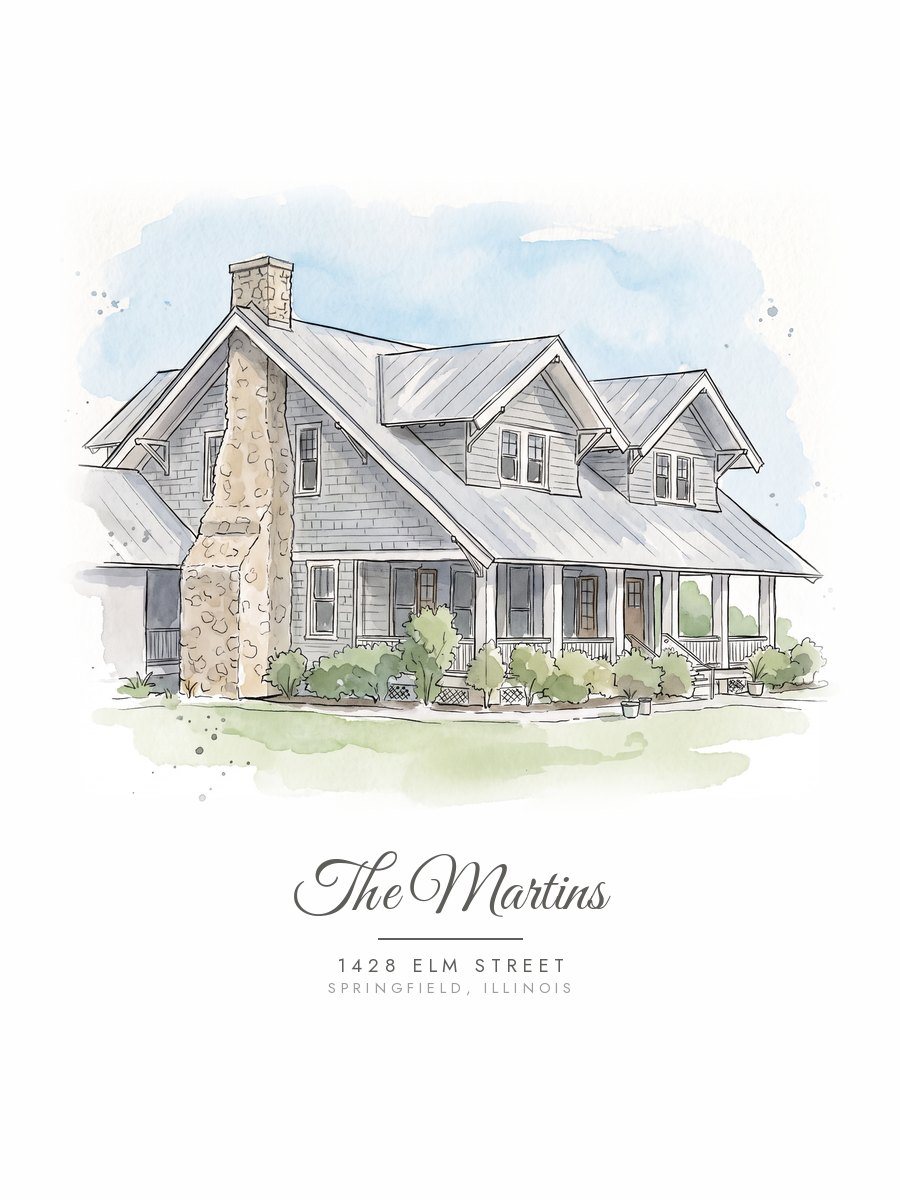 Sample home drawing in Ink & Watercolor with personalized lettering — illustrated in a black frame